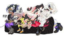 Rule 34 | + +, 1boy, 4girls, alternate costume, artist request, beard, bespectacled, black hair, blunt bangs, boots, callie (splatoon), cap&#039;n cuttlefish, cephalopod eyes, closed eyes, colored skin, couch, cousins, crown, dark-skinned female, dark skin, dolphin shorts, earrings, facial hair, fangs, food, food on head, gamecube controller, glasses, grey hat, hat, headset, high tops, highres, inkling, jersey, jewelry, marie (splatoon), marina (splatoon), mole, mole under eye, mole under mouth, motion blur, multicolored hair, multicolored skin, multiple girls, nintendo, nintendo switch, nintendo switch controller, object on head, octoling, off shoulder, official art, open mouth, pantyhose, pantyhose under shorts, pearl (splatoon), playing games, pointy ears, pout, purple legwear, red legwear, shirt, shoes, short shorts, shorts, sitting, sneakers, socks, splatoon (series), splatoon 1, splatoon 2, squidbeak splatoon, standing, standing on one leg, super smash bros., sweater, tears, tentacle hair, thick eyebrows, white legwear, white shirt