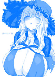 Rule 34 | 1girl, absurdres, bandages, blood, blue theme, blush, breasts, cleavage, commentary request, crying, crying with eyes open, gem, hat, highres, huge breasts, large hat, long hair, looking at viewer, mole, mole under eye, monochrome, original, parted lips, sidelocks, solo, tears, wavy hair, whoosaku