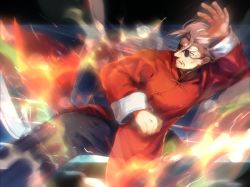 Rule 34 | 1boy, aura, black border, border, changpao, chinese clothes, clenched hand, fate/grand order, fate (series), fighting stance, grey hair, highres, li shuwen (fate), li shuwen (old) (fate), manly, aged up, railing, solo, sunglasses