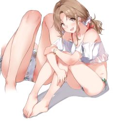 Rule 34 | 1girl, 92m, :d, bare legs, bare shoulders, barefoot, bikini, blush, brown eyes, brown hair, commentary request, cross-laced bikini, cross-laced clothes, full body, hair ornament, hair scrunchie, hairclip, highres, hugging own legs, ichikawa hinana, idolmaster, idolmaster shiny colors, long hair, looking at viewer, multiple views, off shoulder, open mouth, panties, pantyshot, scrunchie, see-through, side-tie bikini bottom, simple background, sitting, smile, swimsuit, thighs, underwear, white background