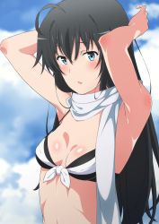 Rule 34 | 1girl, absurdres, arms up, bikini, black hair, blue eyes, blue sky, blush, breasts, cloud, commentary request, day, highres, long hair, looking at viewer, shou937, sidelocks, sky, small breasts, solo, swimsuit, upper body, yahari ore no seishun lovecome wa machigatteiru., yukinoshita yukino