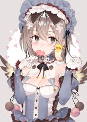 Rule 34 | 1girl, bird, blush, bonnet, breasts, closed mouth, cockatiel, corset, eating, grey eyes, grey hair, hands up, highres, looking at viewer, original, small breasts, solo, solo focus, tonito, upper body