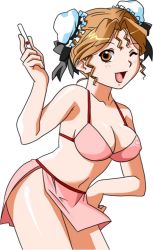 Rule 34 | 1girl, bare shoulders, blush, breasts, brown eyes, brown hair, bun cover, cleavage, covered erect nipples, hayasaka akira, looking at viewer, navel, official art, one eye closed, open mouth, simple background, smile, solo, super real mahjong, swimsuit