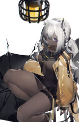 Rule 34 | 1girl, absurdres, animal ears, arknights, bare legs, black dress, black nails, camel ears, dark-skinned female, dark skin, dress, from above, hair between eyes, hair ornament, highres, jacket, long hair, long sleeves, looking at viewer, looking up, low twintails, nail polish, open clothes, open jacket, panties, purple eyes, see-through, short dress, silver hair, simple background, sitting, solo, thigh strap, thighs, tuye (arknights), twintails, umbrella, underwear, upskirt, white background, white panties, x hair ornament, yellow jacket, yushe quetzalli