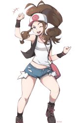 Rule 34 | +++, 1girl, ;d, antenna hair, bag, baseball cap, black socks, boots, breasts, brown hair, clenched hands, commentary, creatures (company), eyelashes, game freak, hat, high ponytail, highres, hilda (pokemon), knees, long hair, milka (milk4ppl), nintendo, one eye closed, open clothes, open mouth, open vest, pink bag, pokemon, pokemon bw, shirt, short shorts, shorts, shoulder bag, sidelocks, signature, sleeveless, sleeveless shirt, smile, socks, solo, teeth, tongue, vest, white shirt, wristband