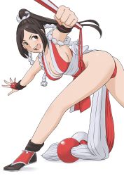 Rule 34 | 1girl, :d, ass, bare shoulders, breasts, brown eyes, brown hair, cleavage, folded fan, fatal fury, folding fan, hand fan, high ponytail, highres, japanese clothes, looking at viewer, ninja, open mouth, pelvic curtain, ponytail, revealing clothes, rope, shigenobu, shiranui mai, sideboob, smile, solo, the king of fighters