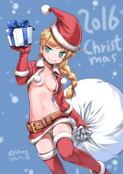 Rule 34 | 1girl, 2016, absurdres, belt, blonde hair, braid, braided ponytail, breasts, brown belt, christmas, closed mouth, commentary request, convenient censoring, dated, elbow gloves, english text, fur-trimmed jacket, fur-trimmed skirt, fur-trimmed thighhighs, fur trim, gift, gloves, green eyes, hair tie, hat, highres, holding, holding gift, holding sack, isedaichi ken, jacket, long hair, looking at viewer, microskirt, navel, no bra, no shirt, original, red gloves, red hat, red jacket, red skirt, red thighhighs, sack, santa costume, santa hat, shrug (clothing), single braid, skirt, small breasts, smile, solo, standing, standing on one leg, thighhighs, twitter username