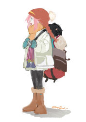 1girl absurdres bag blue_eyes boots coat full_body fur-trimmed_boots fur_boots fur_trim highres kagamihara_nadeshiko long_hair pantyhose pink_hair scarf solo standing winter_clothes xiao_chichi yurucamp