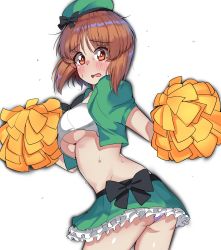 Rule 34 | 1girl, absurdres, alternate costume, ass, bandeau, beret, blue panties, blush, bow skirt, breasts, brown eyes, brown hair, cheerleader, cowboy shot, cropped jacket, frilled skirt, frills, from side, frown, girls und panzer, green hat, green jacket, green skirt, hat, highres, holding, holding pom poms, jacket, kshimu, looking at viewer, looking back, medium hair, microskirt, nishizumi miho, open mouth, panties, pantyshot, pleated skirt, pom pom (cheerleading), pom poms, short hair, simple background, skirt, solo, standing, sweatdrop, underboob, underwear, white background