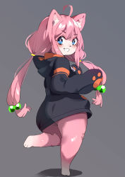 Rule 34 | 1girl, absurdres, ahoge, animal ear fluff, animal ears, animal hands, animal nose, barefoot, batsuma, black hoodie, black jacket, blue eyes, blush, body fur, cat ears, female focus, flat chest, from behind, full body, furrification, furry, furry female, grey background, grin, hair bobbles, hair ornament, hair tie, hands up, happy, highres, hinata channel, hood, hood down, hoodie, jacket, leg up, long hair, looking at viewer, looking back, nekomiya hinata, pink fur, pink hair, sidelocks, simple background, smile, solo, standing, standing on one leg, teeth, thick thighs, thighs, twintails, two-tone fur, very long hair, virtual youtuber, white fur, wide hips, zipper pull tab