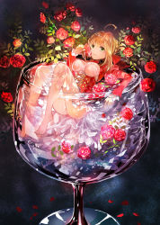 Rule 34 | 10s, 1girl, ahoge, barefoot, blonde hair, breasts, bubble, covered erect nipples, dress, fantasy, fate/extra, fate (series), flower, glass, green eyes, hair between eyes, highres, long hair, looking at viewer, medium breasts, nero claudius (fate), nero claudius (fate) (all), nero claudius (fate/extra), nipples, partially submerged, petals, rioka (southern blue sky), rose, see-through, solo, underwater