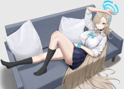 Rule 34 | 1girl, absurdly long hair, absurdres, asuna (blue archive), black choker, black socks, blonde hair, blue archive, blue bow, blue bowtie, blue eyes, blue nails, blue skirt, blush, bow, bowtie, breasts, choker, collarbone, collared shirt, couch, cushion, hair over one eye, halo, hand up, highres, jinsei tsuraiman, kneehighs, large breasts, long hair, long sleeves, looking at viewer, lying, on couch, pleated skirt, school uniform, scrunchie, shirt, skirt, smile, socks, solo, uniform, upper body, very long hair, w, white shirt, wrist scrunchie