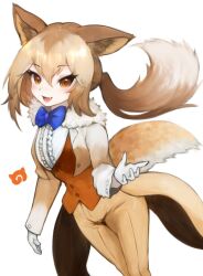 Rule 34 | 1girl, animal ears, bow, bowtie, brown eyes, brown hair, dingo (kemono friends), extra ears, fang, gloves, jack4l, jacket, japari symbol, kemono friends, long hair, looking at viewer, pants, ponytail, scarf, shirt, simple background, solo, tail