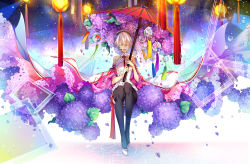 Rule 34 | 1girl, absurdres, alternate costume, animal print, bare shoulders, black thighhighs, colored eyelashes, detached sleeves, dew drop, dripping, fish print, flower, full body, glass, hair between eyes, hairband, highres, holding, holding umbrella, hydrangea, kingchenxi, lace-trimmed sleeves, lace trim, lantern, leaf, marble, music, oil-paper umbrella, open mouth, paper, rain, ribbon, ripples, shade, shoes, short hair, singing, sitting, solo, tassel, thighhighs, umbrella, vocaloid, vocanese, water, water drop, white footwear, white hair, wide sleeves, wind chime, yanhe