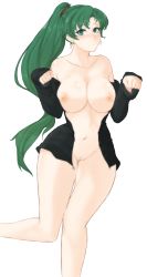Rule 34 | 1girl, bare shoulders, black hoodie, black jacket, blush, breasts, cleavage, cleft of venus, collarbone, curvy, earrings, facing viewer, fire emblem, fire emblem: the blazing blade, fire emblem heroes, green hair, hair between eyes, highres, hood, hoodie, jacket, jewelry, large breasts, light blush, long hair, looking at viewer, lyn (fire emblem), navel, nintendo, nipples, nude, parted lips, partially undressed, paw pose, ponytail, pubic stubble, pussy, solo, standing, standing on one leg, surprised, thighs, transparent background, tridisart, uncensored, unzipped, unzipping, wide hips