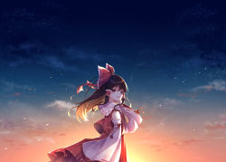 Rule 34 | 1girl, absurdres, bare shoulders, blue sky, bow, brown hair, cloud, cloudy sky, collar, collared dress, detached sleeves, dress, hair between eyes, hair ornament, hair tubes, hakurei reimu, hand up, highres, long hair, long sleeves, looking at viewer, open mouth, orange sky, red bow, red dress, shadow, shinketsu kanyu, sky, smile, solo, star (sky), starry sky, sun, sunlight, sunset, touhou, wide sleeves