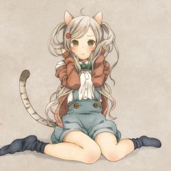 Rule 34 | 1girl, ahoge, animal ears, blush, brown eyes, brown hair, closed mouth, flower, frown, full body, jacket, long hair, mizutamako, no shoes, open clothes, open jacket, original, overalls, ribbon, simple background, sitting, socks, solo, tail, twintails, wariza