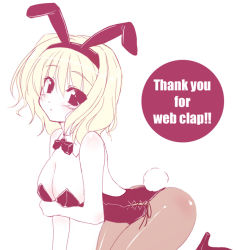 Rule 34 | 1girl, alice margatroid, animal ears, arm support, bare shoulders, black eyes, blonde hair, blush, bow, bowtie, breast hold, breasts, rabbit ears, rabbit tail, cleavage, english text, female focus, kneeling, pantyhose, playboy bunny, shoes, short hair, solo, tail, tooya, touhou, touya (the-moon), webclap