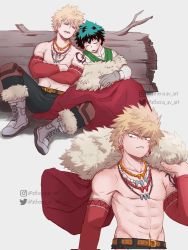 Rule 34 | 2boys, abs, athena av, bakugou katsuki, belt, black pants, blonde hair, boku no hero academia, boots, brown belt, cape, commentary, crossed arms, drooling, earrings, english commentary, closed eyes, freckles, fur-trimmed boots, fur-trimmed cape, fur trim, gloves, green hair, green vest, grey footwear, grey gloves, highres, holding, holding cape, holding clothes, instagram logo, instagram username, jewelry, log, long sleeves, looking to the side, male focus, midoriya izuku, multiple boys, multiple views, necklace, official alternate costume, open mouth, pants, red cape, red eyes, saliva, shirt, short hair, shoulder tattoo, simple background, sitting, sleeping, spiked hair, tattoo, teeth, toned, toned male, topless male, twitter logo, twitter username, vest, white background, white shirt