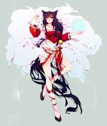 Rule 34 | 1girl, absurdly long hair, ahri (league of legends), animal ears, boots, breasts, cleavage, detached sleeves, fox ears, fox girl, fox tail, full body, kae hokora, knee boots, league of legends, long hair, looking at viewer, medium breasts, multiple tails, painting (medium), purple hair, solo, standing, standing on one leg, tagme, tail, thighs, traditional media, very long hair, watercolor (medium), yellow eyes