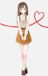 Rule 34 | 10s, 1girl, belt, blush, brown eyes, brown hair, full body, grey background, head tilt, heart, heart background, heart of string, idolmaster, idolmaster cinderella girls, jewelry, kyu, loafers, long hair, long sleeves, looking at viewer, mizumoto yukari, necklace, own hands together, pleated skirt, shirt, shoes, simple background, skirt, smile, socks, solo, v arms, white socks, wing collar