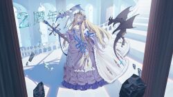 Rule 34 | 1girl, :o, absurdres, alchemy stars, anniversary, bethlehem (alchemy stars), blonde hair, breasts, cape, cleavage, detached sleeves, dragon horns, dress, fur-trimmed cape, fur choker, fur trim, glint, hair ornament, highres, hironii (hirofactory), holding, holding sword, holding weapon, horns, ice, indoors, long hair, looking at viewer, shadow, sleeveless, sleeveless dress, small breasts, solo, stairs, sword, weapon, white dress