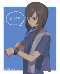 Rule 34 | 1girl, absurdres, alternate costume, blue shirt, brown eyes, brown hair, closed mouth, dated, hato kan, highres, kantai collection, medium hair, shirt, short sleeves, simple background, solo, taihou (kancolle), towel, two-tone background, upper body, watch, wristwatch