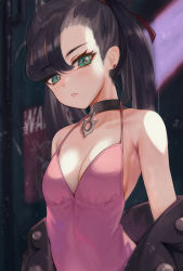 Rule 34 | 1girl, absurdres, asymmetrical bangs, bare shoulders, black choker, black hair, black jacket, breasts, choker, cleavage, collarbone, commentary request, creatures (company), dress, duplicate, game freak, green eyes, hair between eyes, hair ribbon, highres, jacket, long hair, looking at viewer, marnie (pokemon), md5 mismatch, medium breasts, nintendo, parted lips, partial commentary, pink dress, pixel-perfect duplicate, pokemon, pokemon swsh, red ribbon, resolution mismatch, ribbon, sleeveless, sleeveless dress, solo, source smaller, torriet, undercut, upper body