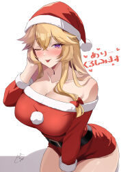 0002koko 1girl absurdres bare_shoulders belt between_legs blonde_hair blush breasts cleavage dress hair_between_eyes hair_ribbon hand_between_legs hat highres large_breasts long_hair long_sleeves looking_at_viewer one_eye_closed purple_eyes ribbon santa_dress santa_hat solo tongue tongue_out touhou white_background yakumo_yukari