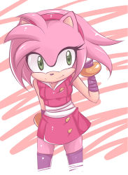 Rule 34 | 1girl, amy rose, bare shoulders, bracelet, dress, furry, furry female, green eyes, headband, jewelry, pink hair, short hair, simple background, sleeveless, smile, solo, sonic (series), sonic boom (series), sonic the hedgehog, striped, striped background