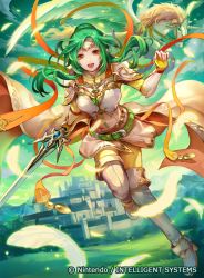 Rule 34 | 1girl, armor, belt, breastplate, brown eyes, cape, castle, copyright name, elbow gloves, elincia ridell crimea, falling feathers, feathers, fire emblem, fire emblem: path of radiance, fire emblem cipher, gloves, green hair, hair bun, hair up, holding, holding weapon, intelligent systems, konfuzikokon, looking at viewer, nintendo, official art, outdoors, pauldrons, pegasus, pegasus knight uniform (fire emblem), shoulder armor, single hair bun, solo, sword, thighhighs, tiara, weapon, wings