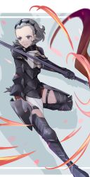 Rule 34 | 1girl, armor, black hairband, fire emblem, fire emblem fates, grey hair, hair slicked back, hairband, highres, holding, holding polearm, holding weapon, nintendo, polearm, puffy sleeves, sakura no yoru, solo, sophie (fire emblem), thigh strap, weapon