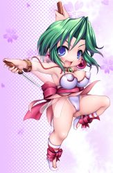 Rule 34 | 1girl, ankle cuffs, armpits, arms up, blue eyes, bow, breasts, chabo (fuketsudan), chibi, covered erect nipples, dagger, dual wielding, earrings, ellis (toushinden), fang, full body, green hair, holding, holding dagger, holding knife, holding weapon, jewelry, knife, large breasts, leotard, necklace, pink background, pink bow, ribbon, see-through, see-through sleeves, shoes, short hair, smile, solo, standing, standing on one leg, thong leotard, toushinden, weapon, wedgie, white leotard