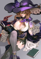 Rule 34 | 1girl, black gloves, blush, book, breasts, capelet, cleavage, commentary, crossed arms, english commentary, fantasy, flower, genshin impact, gloves, green eyes, grey background, hat, hat flower, highres, holding, holding book, huge breasts, jewelry, lisa (genshin impact), necklace, parted lips, poch4n, purple flower, purple hat, sitting, smile, solo, thighhighs, witch hat