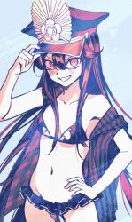 Rule 34 | 1girl, bikini, black bikini, blush, breasts, cleavage, crest, facing viewer, family crest, fate/grand order, fate (series), hair between eyes, hands on headwear, hat, highres, long hair, medium breasts, military hat, navel, oda nobunaga (fate), oda nobunaga (swimsuit berserker) (fate), oda uri, open clothes, open shirt, peaked cap, red eyes, sempon (doppio note), sidelocks, simple background, small breasts, smile, solo, swimsuit, very long hair