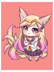 Rule 34 | 1girl, :3, ahri (league of legends), alternate costume, alternate eye color, alternate hair color, animal ears, bare shoulders, blonde hair, boots, breasts, chibi, choker, cleavage, detached sleeves, fox ears, fox tail, hair ornament, hairband, highres, league of legends, long hair, magical girl, multiple tails, purple eyes, skirt, smile, star guardian (league of legends), star guardian ahri, tail, thighhighs, thighs, white thighhighs