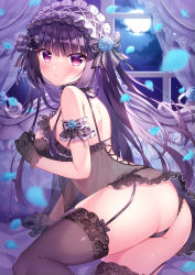 Rule 34 | 1girl, absurdres, arched back, arm garter, ass, babydoll, bare shoulders, black gloves, black panties, black thighhighs, full moon, garter straps, gloves, headdress, highres, long hair, looking at viewer, looking back, moe2021, moon, night, original, panties, parted lips, petals, purple eyes, purple hair, see-through, shiono (0303), solo, thighhighs, thighs, underwear, underwear only, very long hair