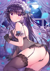 1girl absurdres arched_back arm_garter ass babydoll bare_shoulders black_gloves black_panties black_thighhighs full_moon garter_straps gloves headdress highres long_hair looking_at_viewer looking_back moe2021 moon night original panties parted_lips petals purple_eyes purple_hair see-through_clothes shiono_(0303) solo thighhighs thighs underwear underwear_only very_long_hair