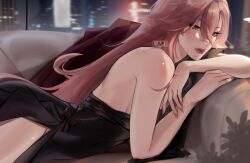 Rule 34 | 1girl, artist name, bare arms, bare shoulders, black dress, blush, breasts, cityscape, commentary, couch, dress, fingernails, from side, genshin impact, hair between eyes, highres, indoors, lart art1, long hair, looking at viewer, lying, medium breasts, nail polish, night, on couch, on stomach, pink hair, pink nails, purple eyes, red lips, side slit, sideboob, single-shoulder dress, solo, watermark, window, yae miko