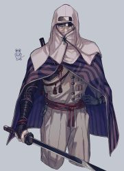 Rule 34 | 1boy, animal, bandages, blue eyes, bracelet, cloak, covered mouth, grey background, highres, holding, holding sword, holding weapon, jewelry, lfoudon, lone shadow ninja, male focus, mouse (animal), ninja, pouch, purple cloak, ribbon, rope, scabbard, sekiro: shadows die twice, sheath, simple background, sketch, solo, striped, sword, vambraces, weapon