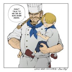 Rule 34 | 2boys, belly, blue sailor collar, carrying, chef, chef hat, child carry, cowboy shot, curly eyebrows, deadjuice, don&#039;t talk to me or my son ever again (meme), english text, facial hair, father and son, frown, goatee, hair over one eye, hat, highres, long mustache, looking ahead, male focus, meme, multiple boys, old, old man, one armed carry, one piece, red-leg zeff, sailor collar, sanji (one piece), speech bubble, standing, thick arm hair, wrinkled skin