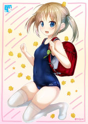 Rule 34 | 1girl, :d, backpack, bag, bird, blue eyes, blue one-piece swimsuit, brown hair, chick, circle name, highres, kisaragi miyu, kneeling, looking at viewer, no shoes, old school swimsuit, one-piece swimsuit, open mouth, original, randoseru, school swimsuit, shiny clothes, short hair, smile, solo, swimsuit, thighhighs, twintails, twitter username, white thighhighs