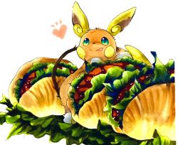 Rule 34 | alolan form, alolan raichu, animal focus, blush stickers, closed mouth, creatures (company), food, food focus, game freak, gen 7 pokemon, green eyes, happy, heart, in food, ketchup, leaning forward, lettuce, licking lips, looking at viewer, marker (medium), meat, mofuo, nintendo, no humans, notice lines, oversized food, oversized object, pokemon, pokemon (creature), sandwich, simple background, smile, solo, standing, tongue, tongue out, traditional media, white background