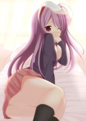 Rule 34 | 1girl, animal ears, aoba senkiri, bed, between breasts, blush, breasts, rabbit ears, chimunge, cleavage, female focus, hand to own mouth, highres, jacket, long hair, lying, on side, one eye closed, pillow, purple hair, red eyes, reisen udongein inaba, skirt, solo, touhou, wince, window, wink