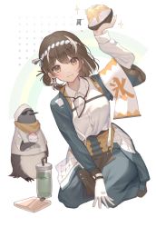 Rule 34 | 1girl, arknights, arm up, bird, black hair, brown eyes, chinese commentary, commentary request, food, gloves, hachimaki, headband, highres, holding, holding food, kuiqiu kq, long sleeves, looking at viewer, magallan (arknights), magallan (shaved-ice memories) (arknights), multicolored hair, nejiri hachimaki, official alternate costume, penguin, seiza, shaved ice, shirt, short hair, sitting, streaked hair, emperor (arknights), translated, white background, white gloves, white hair, white shirt