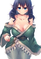 Rule 34 | 1girl, absurdres, bare shoulders, blue eyes, blue hair, breasts, cleavage, closed mouth, collarbone, commentary, drill hair, drill sidelocks, fins, frilled kimono, frills, green kimono, head fins, highres, japanese clothes, kimono, large breasts, medium hair, mermaid, monster girl, obi, off shoulder, penglai tea, sash, sidelocks, simple background, smile, solo, symbol-only commentary, touhou, variant set, wakasagihime, wet, white background