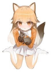 Rule 34 | 1girl, :o, animal ears, bad id, bad pixiv id, black gloves, bow, brown eyes, brown hair, brown pantyhose, commentary request, dokomon, ezo red fox (kemono friends), fox ears, fox girl, fox tail, full body, fur-trimmed sleeves, fur trim, gloves, hair between eyes, hands up, highres, jacket, kemono friends, korean commentary, long sleeves, looking at viewer, multicolored hair, no shoes, orange jacket, pantyhose, parted lips, pleated skirt, shirt, simple background, sitting, skirt, solo, tail, two-tone hair, wariza, white background, white bow, white hair, white pantyhose, white shirt, white skirt