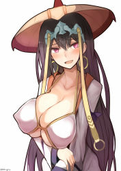 Rule 34 | 1girl, bikini, bikini top only, blush, breasts, cleavage, collarbone, earrings, fate/grand order, fate (series), hair between eyes, hair ornament, hat, highres, holding own arm, hoop earrings, jewelry, large breasts, looking to the side, open mouth, purple eyes, robe, solo, swimsuit, underboob, white bikini, white robe, wide sleeves, xuangzang sanzang (fate), yuzuki himuka