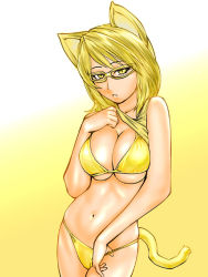Rule 34 | animal ears, bikini, blonde hair, breasts squeezed together, breasts, cat ears, cat tail, cleavage, clothes lift, glasses, large breasts, original, shirt lift, solo, swimsuit, tail, ueyama michirou, yellow bikini, yellow eyes, yellow theme