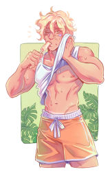 Rule 34 | 1boy, battle tendency, blonde hair, caesar anthonio zeppeli, clothes lift, delichuu, facial mark, food, food in mouth, green eyes, groin, jojo no kimyou na bouken, male focus, orange shorts, popsicle, popsicle in mouth, shirt lift, shorts, solo, sweat, tan, tanline, wince, wiping face